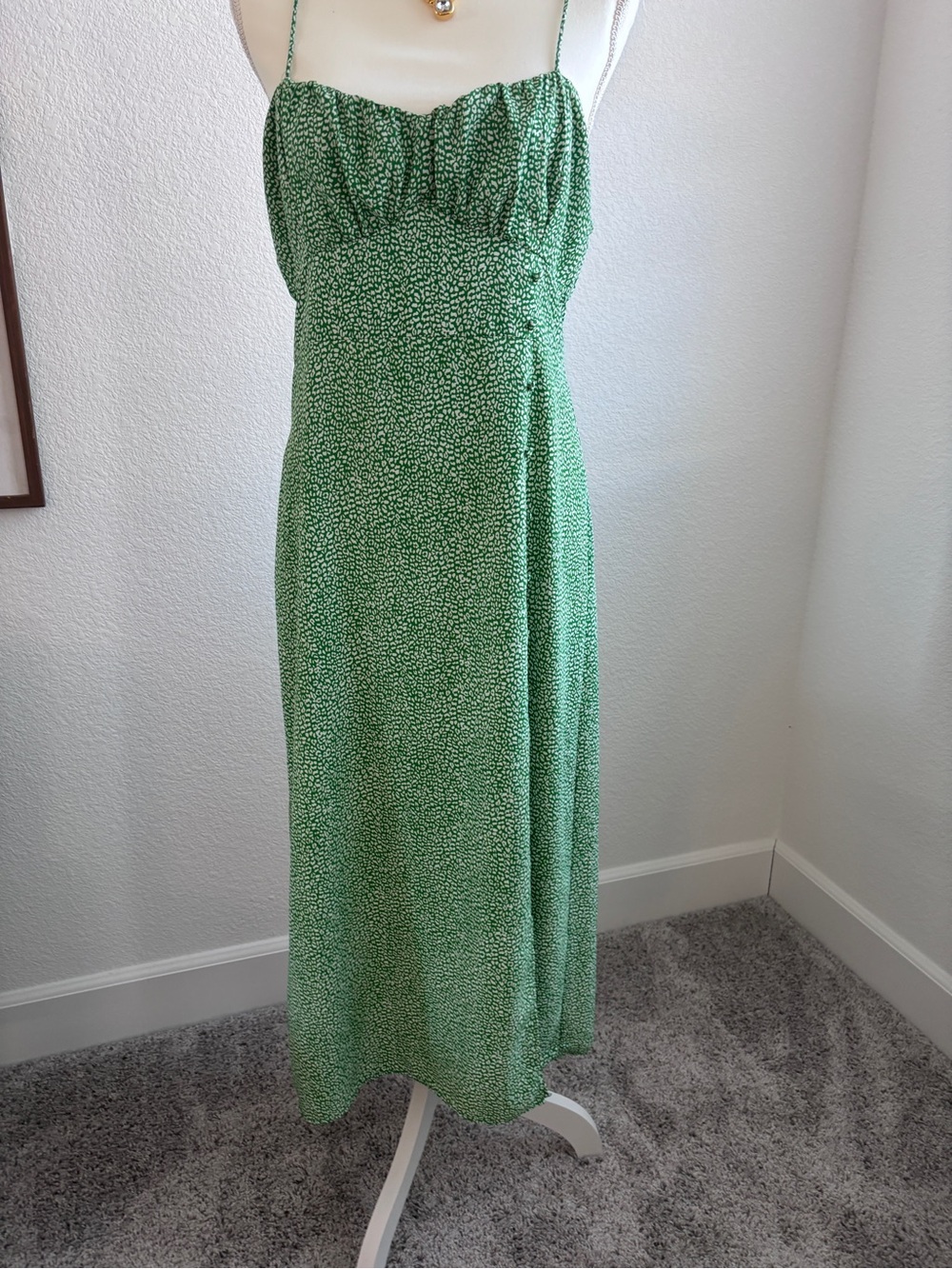 Zara Green Spaghetti-Strap Maxi Dress with White Micro Print
